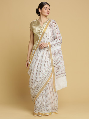Manvish Drapes Printed Kasavu Pure Cotton Saree(Gold)