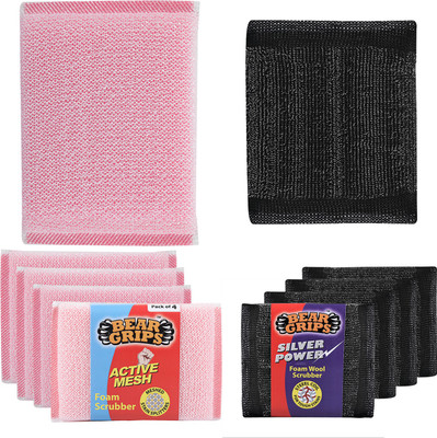 Bear Grips Active mesh scrubber with net and Silver Power foam wool scrubber with steel loops combo Packs Stainless Steel Scrub(Regular, Pack of 8)