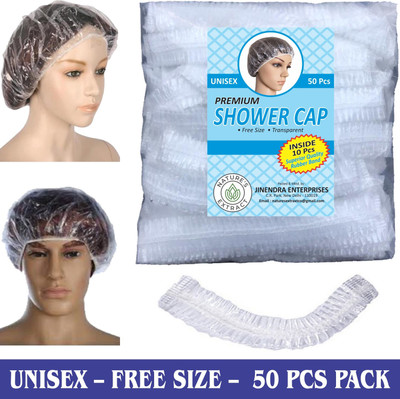 nature's extract (50pcs) SHOWER CAP / BATH CAP – Reusable – Waterproof – Unisex - Free Size – Transparent - Multipurpose use in Home / Salons / Spa / Travelling / Camping