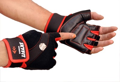 SKYFIT Super Dryfit Leather Padded Gym Sports Gloves For Men And Women With wrist support Gym & Fitness Gloves(Black, Red)