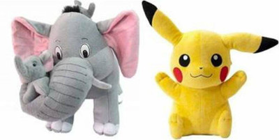 Nihan Enterprises Combo Pack Of 2 Mother Elephant With 2 Baby & Yellow Pikachu 26 Cm Elephant Grey - 40 Cm  (Grey)  - 40 cm(Multicolor)