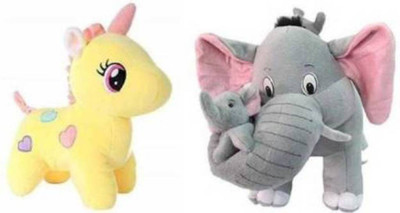 Nihan Enterprises Cute Grey Mother Baby Elephant & Yellow Unicorn Combo Pack For Children - 25 Cm  (Multicolor)  - 25 cm(Multicolor)