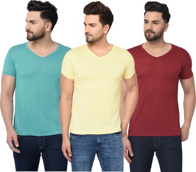 Tivy Solid Men V Neck Light Blue, Maroon, Yellow T-Shirt