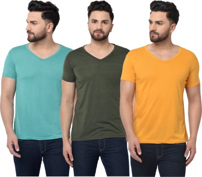 Bribzy Solid Men V Neck Dark Green, Light Blue, Yellow T-Shirt