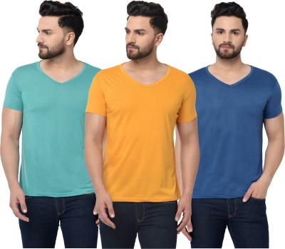 Tivy Solid Men V Neck Dark Blue, Yellow, Light Green T-Shirt