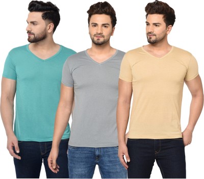 Adorbs Solid Men V Neck Blue, Grey, Beige T-Shirt