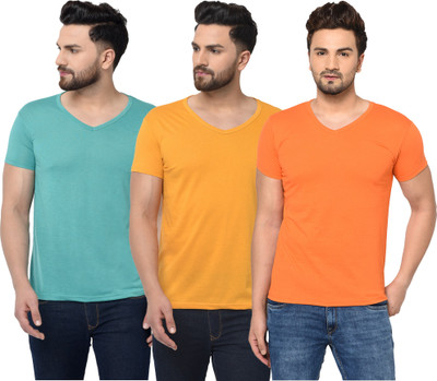 Jangoboy Solid Men V Neck Light Blue, Orange, Yellow T-Shirt