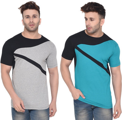 GEUM Solid Men Round Neck Light Blue, Black, Grey T-Shirt