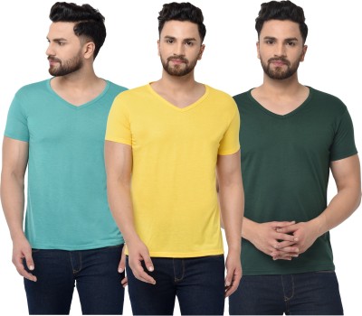 Bribzy Solid Men V Neck Dark Green, Light Blue, Yellow T-Shirt