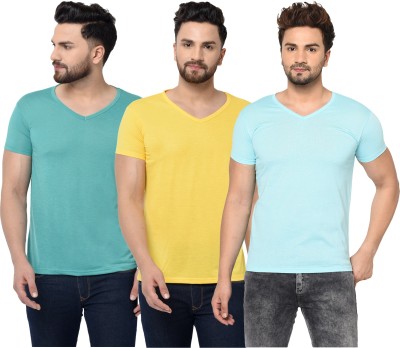 Bribzy Solid Men V Neck Light Blue, Yellow T-Shirt