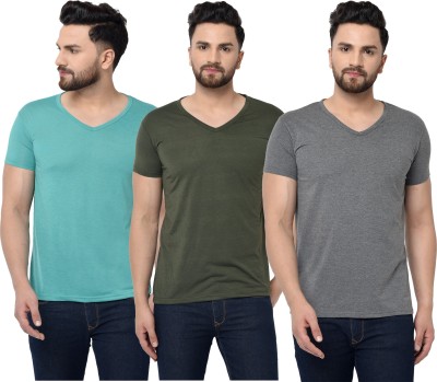 Adorbs Solid Men V Neck Light Blue, Dark Green, Grey T-Shirt