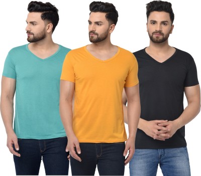 Jaskart Solid Men V Neck Light Blue, Black, Yellow T-Shirt