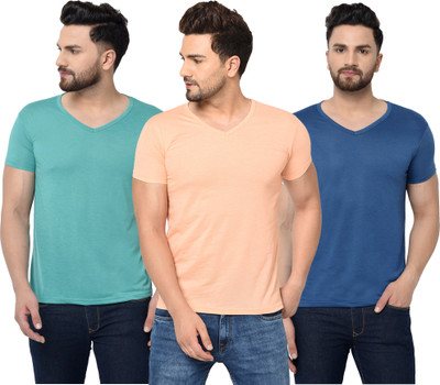 Jangoboy Solid Men V Neck Green, Blue, Pink T-Shirt