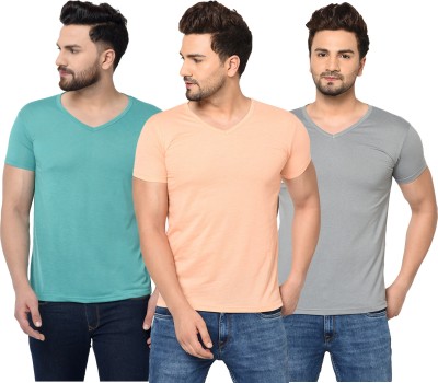 Bribzy Solid Men V Neck Light Blue, Orange, Grey T-Shirt