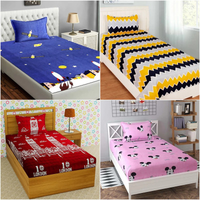 HSR Collection 200 TC Microfiber Single 3D Printed Flat Bedsheet(Pack of 4, Multicolor)