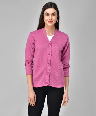 eWools Women Button Self Design Cardigan