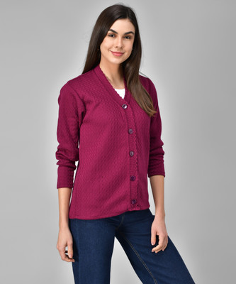 eWools Women Button Self Design Cardigan