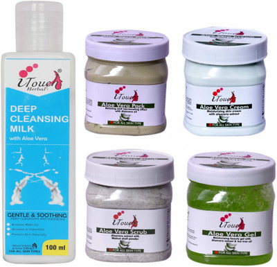 I TOUCH HERBAL ALOE VERA SCRUB,CREAM,PACK,GEL (500 ML X 4) AND DEEP CLEANSING MILK 100 ML (PACK OF 5)(5 Items in the set)