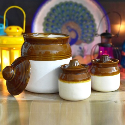 hc the crafts Ceramic Pickle Jar  - 700 ml, 250 ml(Pack of 3, Brown, White)