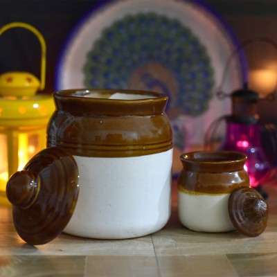 THE HIMALAYA CRAFT Ceramic Pickle Jar  - 700 ml, 150 ml(Pack of 2, Brown, White)
