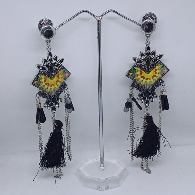 Papered Textured Studded Silk Tassel Dangler Earrings Metal Tassel Earring