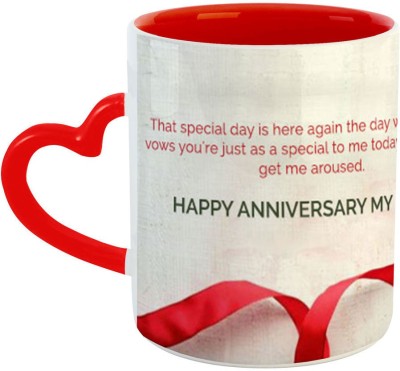 Ashvah Happy Anniversary Quote Ceramic Coffee Best Gift for Valentines Day, Birthday, Girlfriend, Boyfriend, Husband, Wife, Lover, Hubby, Wifey-Red Heart Handle - 637 Ceramic Coffee Mug(350 ml)