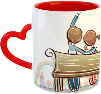 ARTBUG Couple Sitting on Bench Love Couple Coffee Best Gift for Girlfriend, Boyfriend, Husband, Wife, Lover, Hubby, Wifey, Valentines Day, Anniversary, Birthday-Red Heart Handle - 1684 Ceramic Coffee Mug(350 ml)