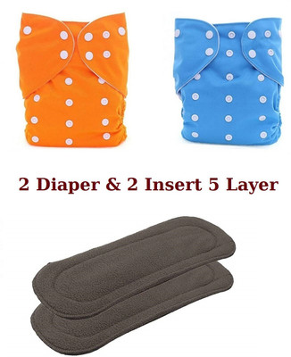 Playalong Reusable Cloth Diaper, Washable Adjustable Infants Cloth Nappy with Insert- (0-24 Months, Pad Included) - Pack/Combo of (2 Cloth Diaper+2 Charcoal Insert 5 Layer)