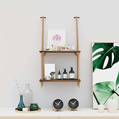 PRITI Hanging Wall Shelves, Swing Rope Floating Shelf,2 Tier Bamboo Hanging Storage Shelves for Living Room/Bedroom/Bathroom and Kitchen Wooden Wall Shelf(Number of Shelves - 2, Brown)