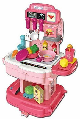 Jay Shree Gopal Kitchen Set for Kids 34 Pcs Simulation Portable Kitchen Set for Girls with Realistic Kitchen Suitcase for Kids for 3 Year Old Girls (School Bag Kitchen Se