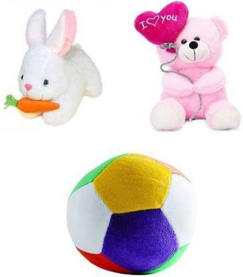 Dteddy Pack of 3 cute soft toys for baby (Plush Ball, ballon Teddy, Rabbit) - 30 cm (Multicolor) - 30 cm (Multicolor)  - 30 cm(Multicolor, White, Pink)