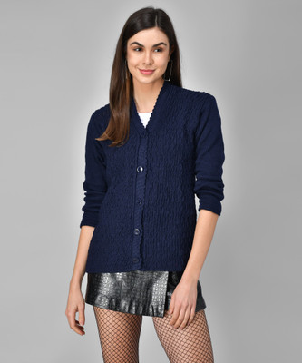 eWools Solid V Neck Casual Women Blue Sweater