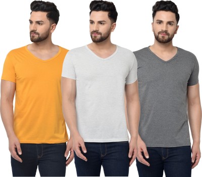 Jaskart Solid Men V Neck Grey, Yellow T-Shirt