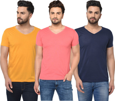 Jangoboy Solid Men V Neck Dark Blue, Pink, Yellow T-Shirt