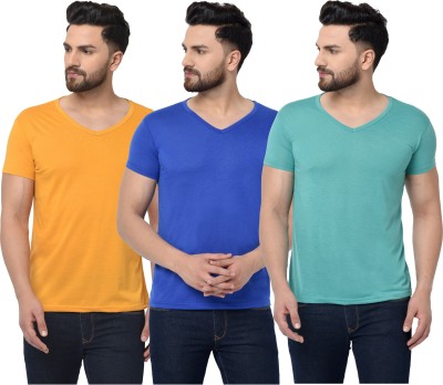 Tivy Solid Men V Neck Dark Blue, Yellow, Light Green T-Shirt