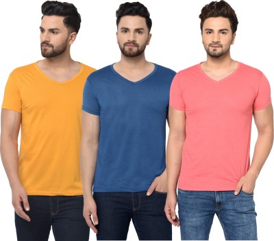 Tivy Solid Men V Neck Dark Blue, Pink, Yellow T-Shirt