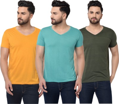 Adorbs Solid Men V Neck Dark Green, Green, Yellow T-Shirt