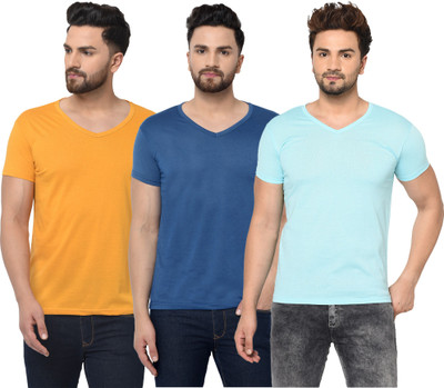 Jangoboy Solid Men V Neck Light Blue, Blue, Yellow T-Shirt