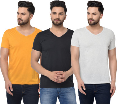Adorbs Solid Men V Neck White, Black, Yellow T-Shirt