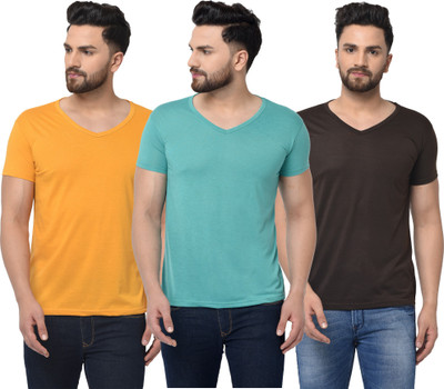Jangoboy Solid Men V Neck Brown, Blue, Yellow T-Shirt