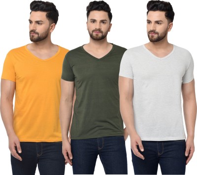 Jaskart Solid Men V Neck Dark Green, Grey, Yellow T-Shirt