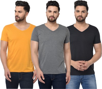 Jangoboy Solid Men V Neck Black, Grey, Yellow T-Shirt