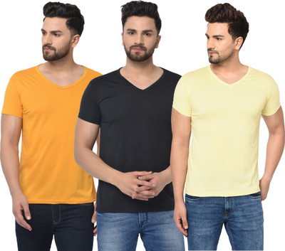 Adorbs Solid Men V Neck Black, Yellow T-Shirt