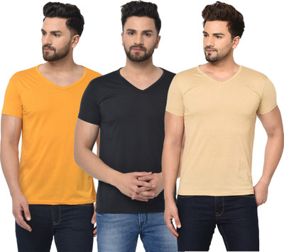 Jangoboy Solid Men V Neck Black, Beige, Yellow T-Shirt