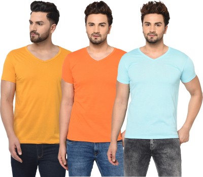 Jangoboy Solid Men V Neck Light Blue, Orange, Yellow T-Shirt