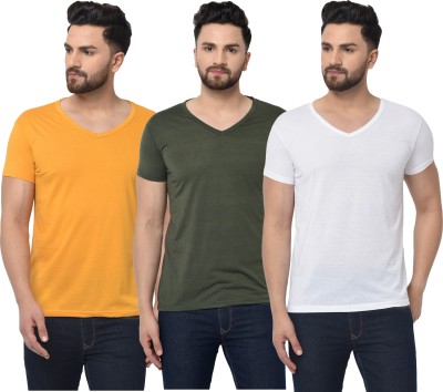 Bribzy Solid Men V Neck Dark Green, White, Yellow T-Shirt