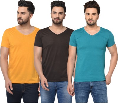 Jaskart Solid Men V Neck Light Blue, Brown, Yellow T-Shirt