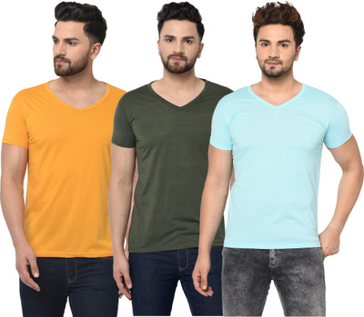 Jangoboy Solid Men V Neck Light Blue, Dark Green, Blue, Yellow T-Shirt