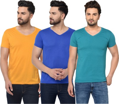 Bribzy Solid Men V Neck Light Blue, Blue, Yellow T-Shirt