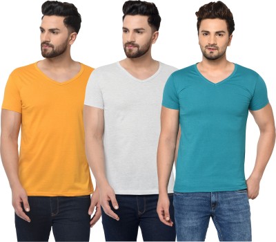 Bribzy Solid Men V Neck White, Blue, Yellow T-Shirt